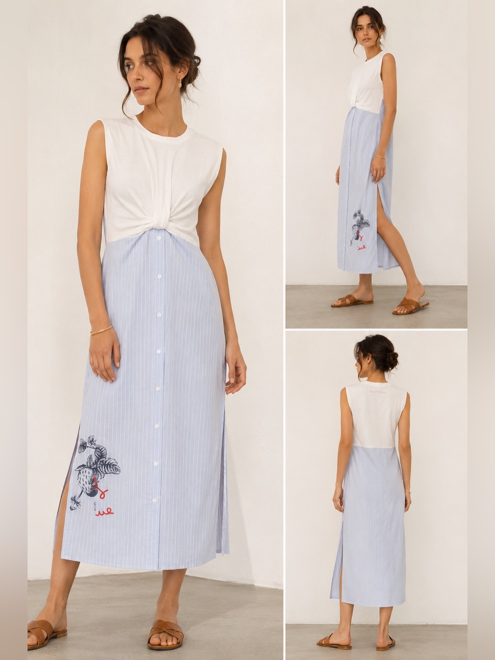 Ottd’Ame sleeveless mixed media knot pin striped slit shirt-skirt bottom dress 6